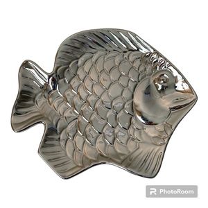 Silver Fish Plate Metallic Food and Dishwasher Safe Decor 9" x 7" x 1" tall